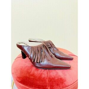 Y2K Bisou Bisou Brown Leather Mules / Vintage Western Fringe Heels / Size 10
